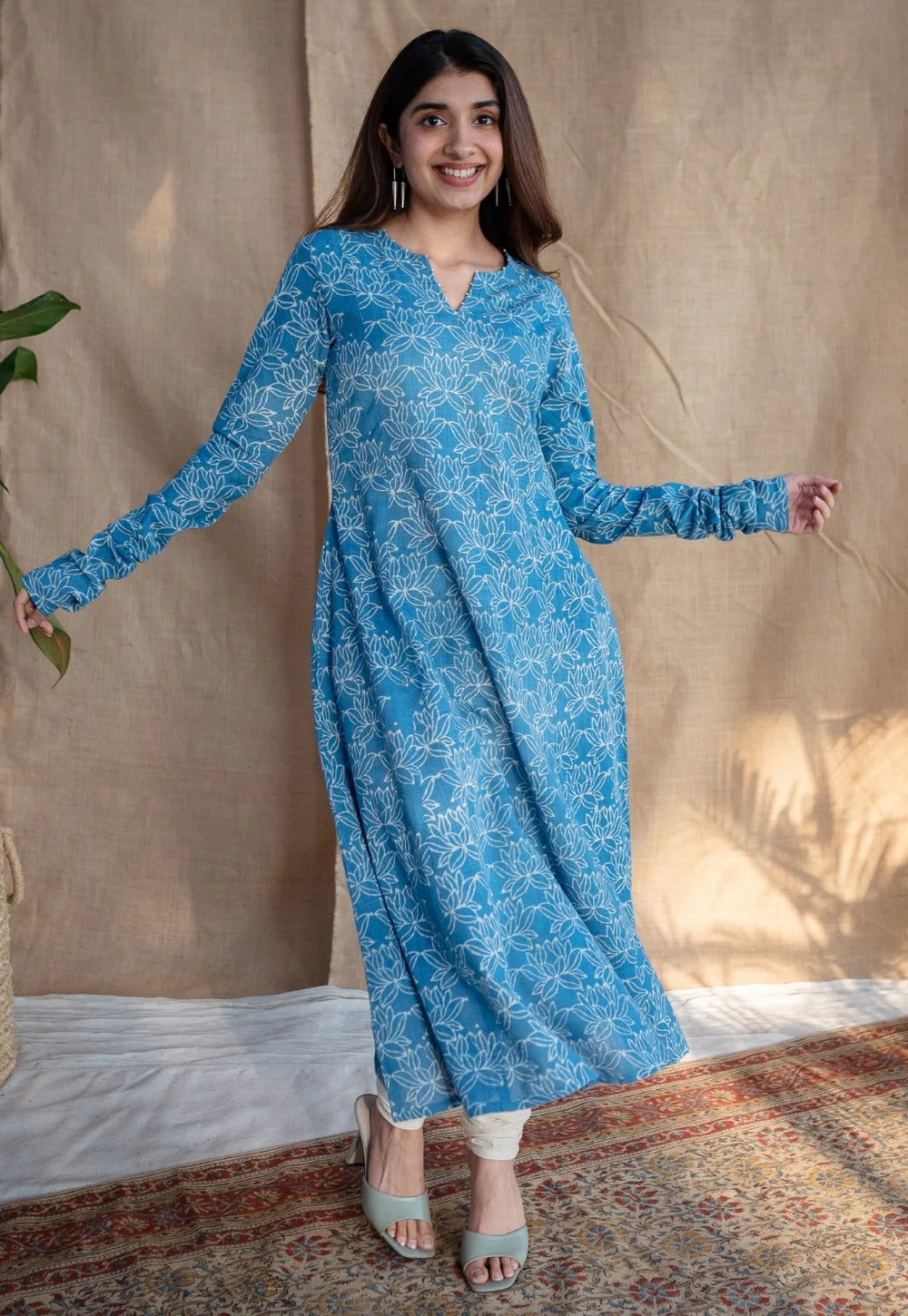 Kaya Blue Kali Dabu Slub Cotton Kurta with Hand Embroidery