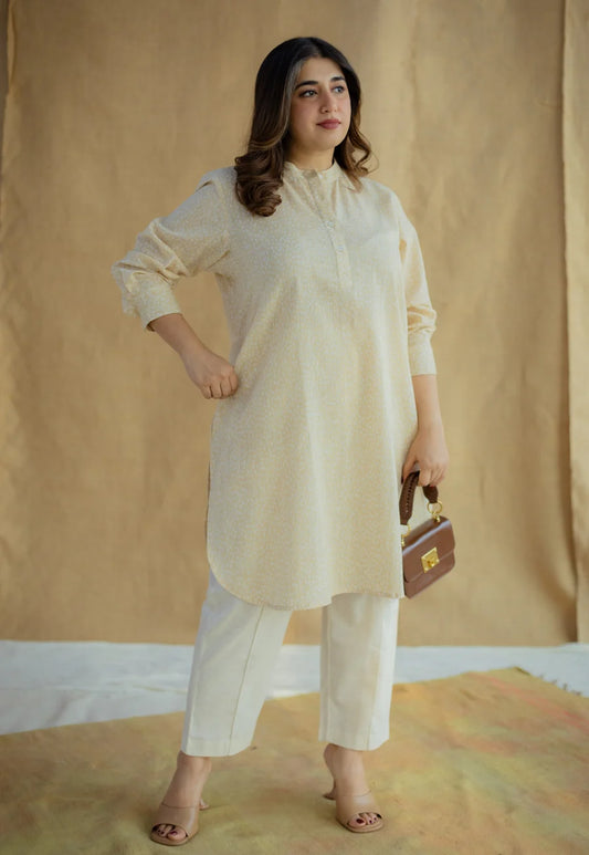 Nashwa Cream Hand Block Print Slub Cotton A Line Kurta