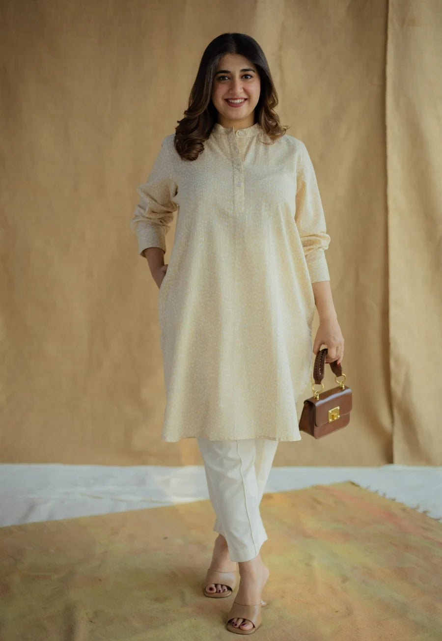 Nashwa Cream Hand Block Print Slub Cotton A Line Kurta