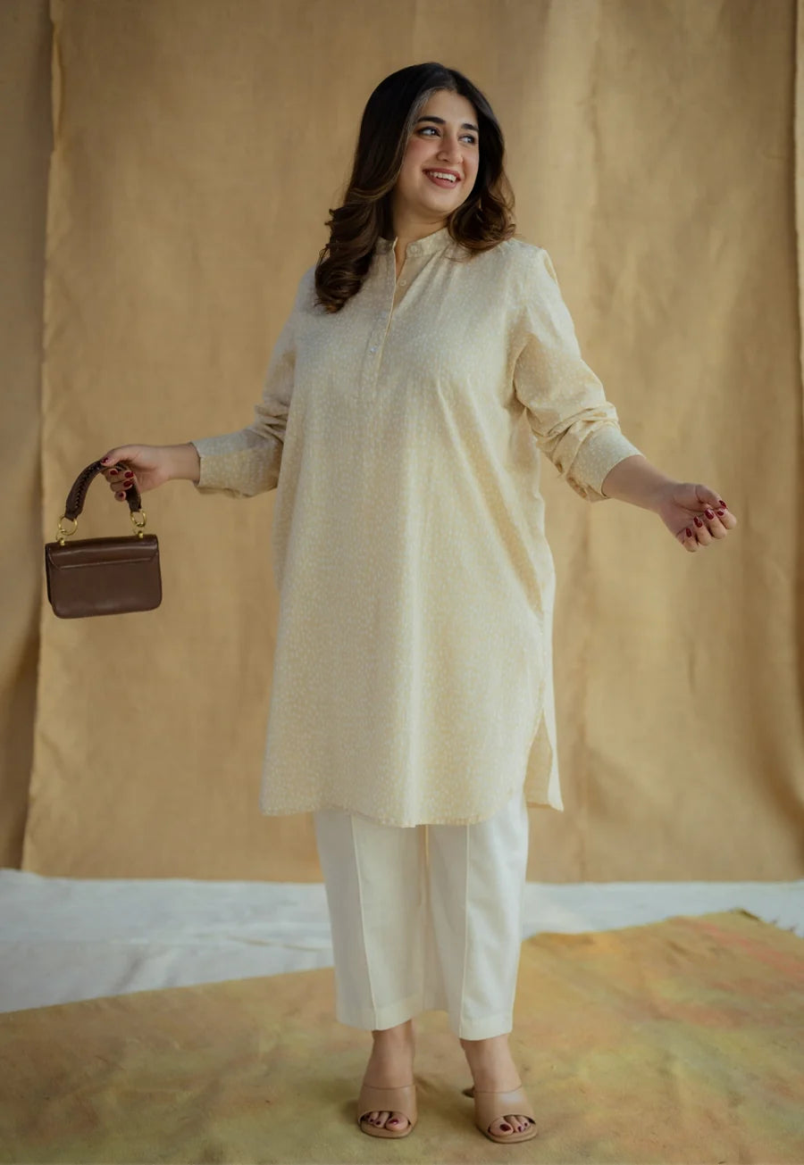 Nashwa Cream Hand Block Print Slub Cotton A Line Kurta