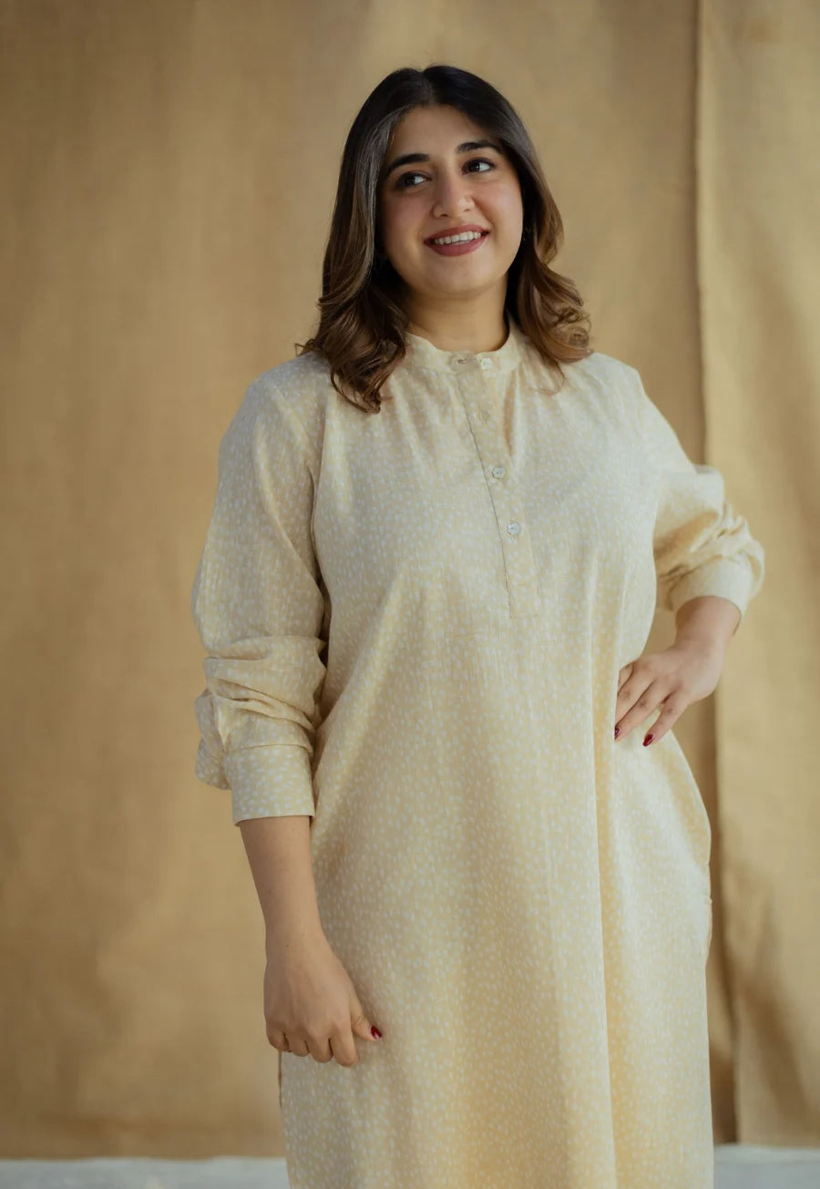 Nashwa Cream Hand Block Print Slub Cotton A Line Kurta