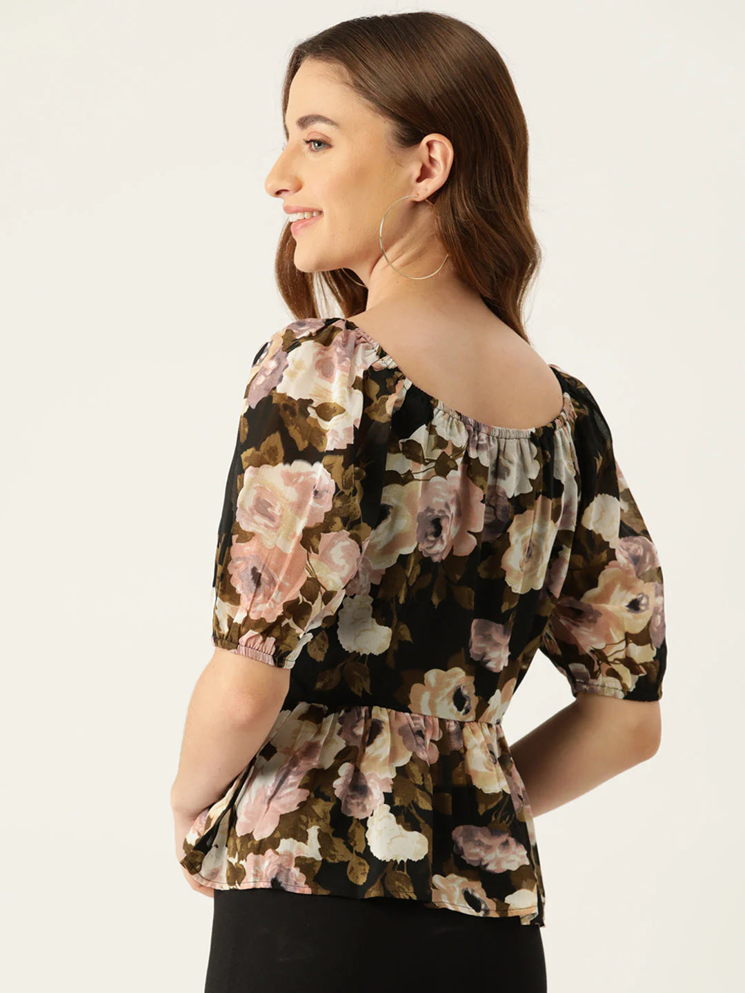 Slenor Floral Printed Sweetheart Neck Puff Sleeve Georgette Peplum Top